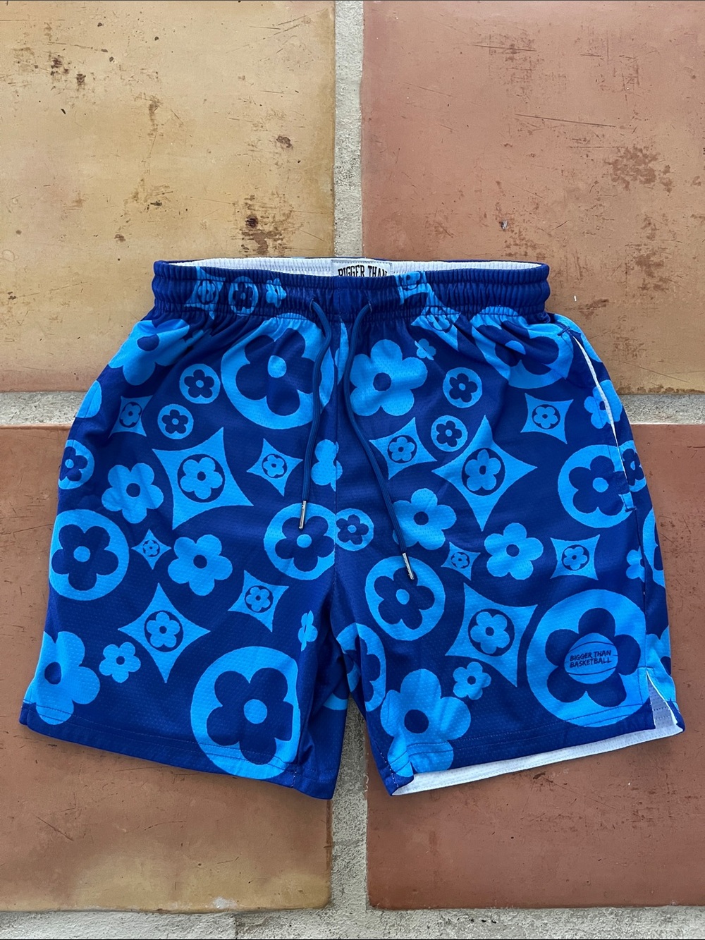 Blue Floral-Print Kids Athletic Shorts with Elastic Waist